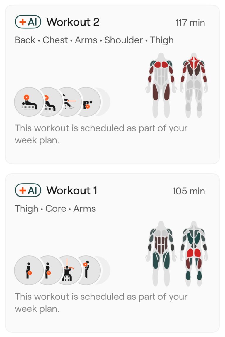 2 example AI workouts inside Enode app.