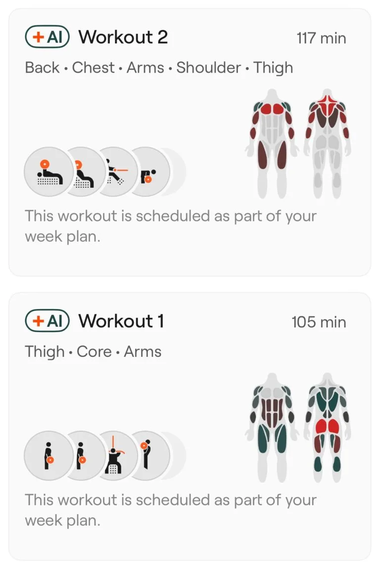 2 example AI workouts inside Enode app.