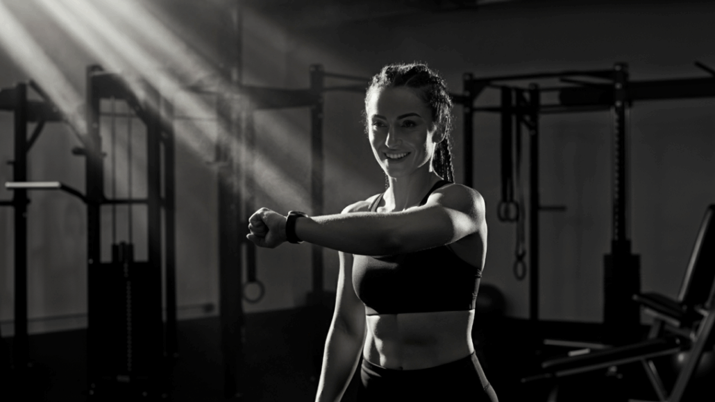 Athlete checking her Apple Watch for data.