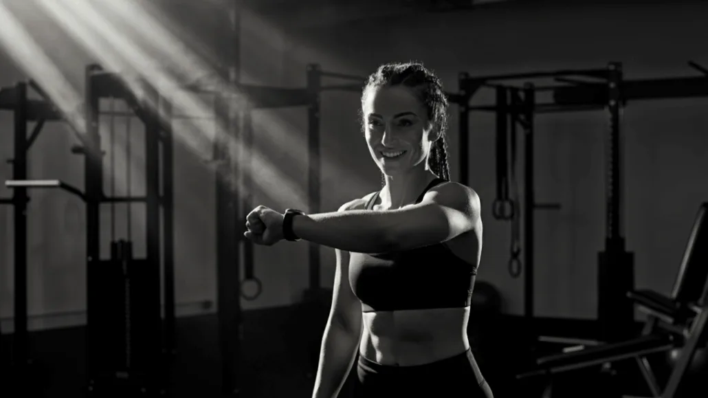 Athlete checking her Apple Watch for data.