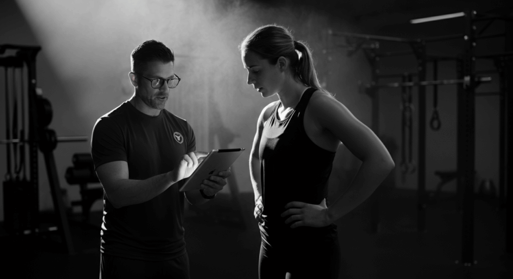 Coach showing athlete something on a tablet in gym environment.